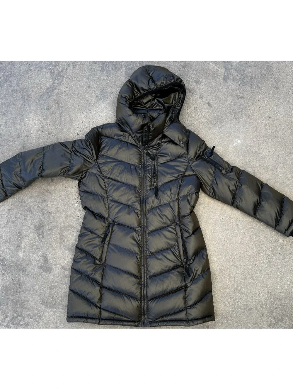 Andrew Marc XL Packable Lightweight Premium 650 Down Hooded Long Coat Metallic